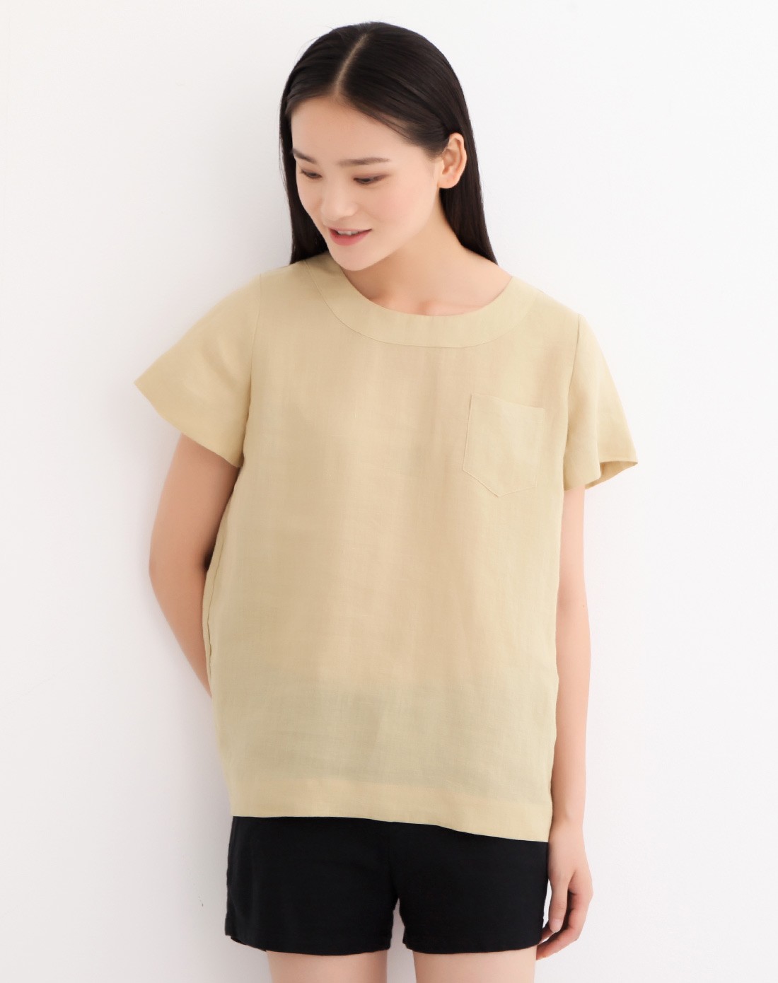 杏色棉麻宽松透气圆领短袖t恤