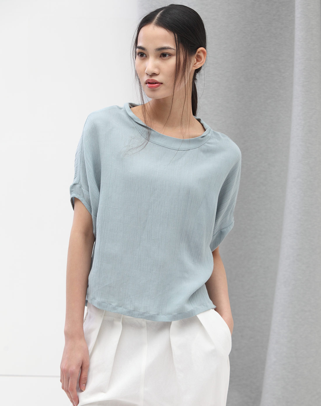 yzc水蓝色麻质宽松清爽中袖上衣522ac072-223_唯品会