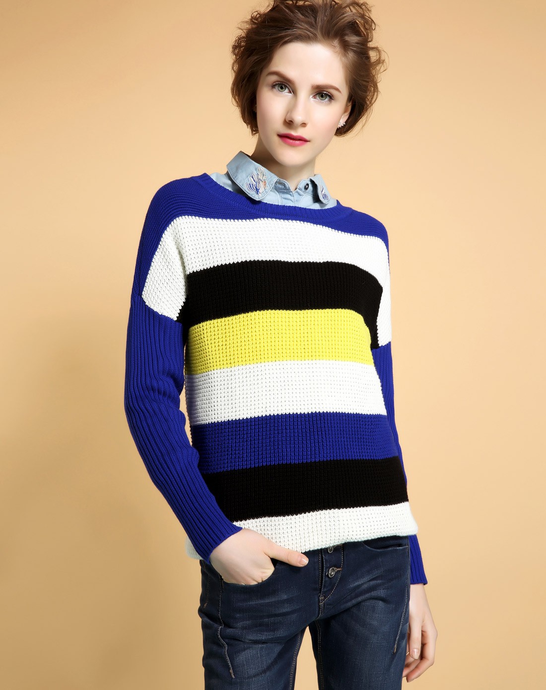 优雅时尚撞色拼接圆领滑肩袖针织上衣