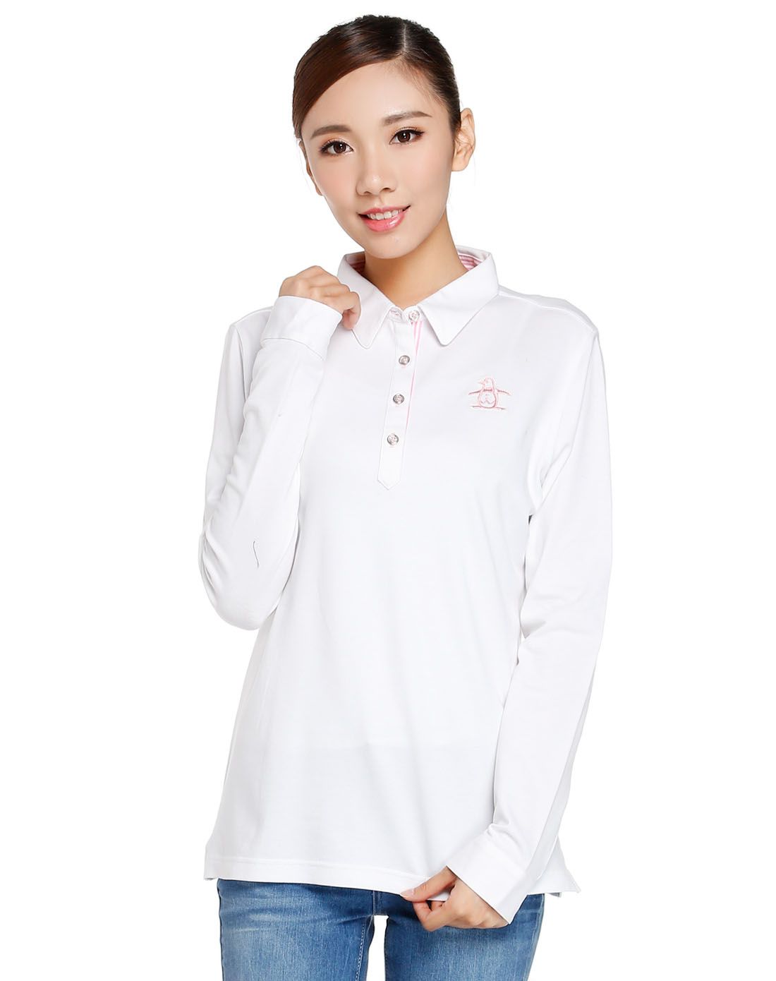 棉质舒适 女款白色长袖polo衫 透气弹性