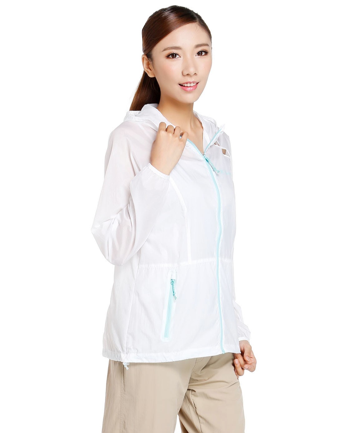 防泼水 女款白色皮肤衣 连帽长袖