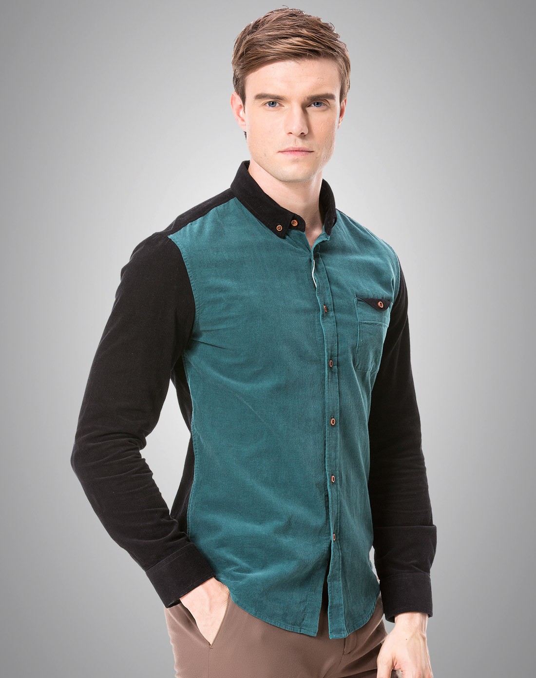 深绿长袖休闲衬衫