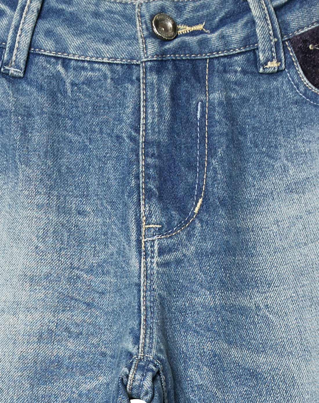 女款蔚蓝局部绣花拼接牛仔裤