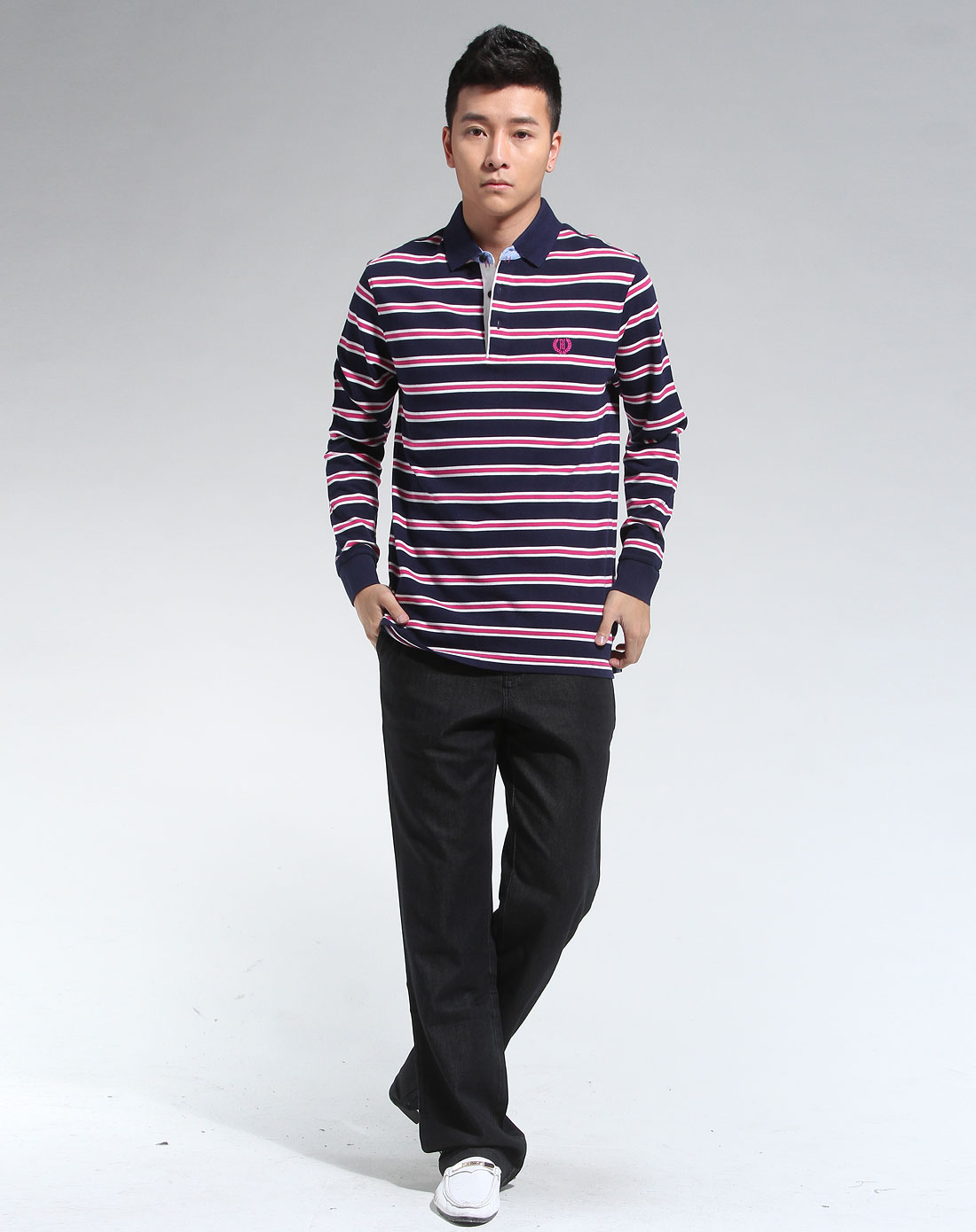 堡马posemer男装专场-红/深蓝色翻领间纹长袖针织t恤