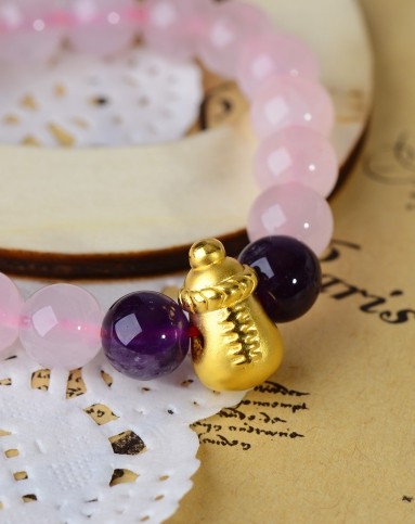 3d硬千足金黄金粉晶紫晶奶瓶手链(0.96克)