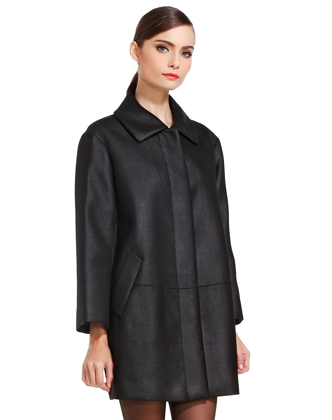 滕氏tengs黑色端庄大气长袖长款大衣