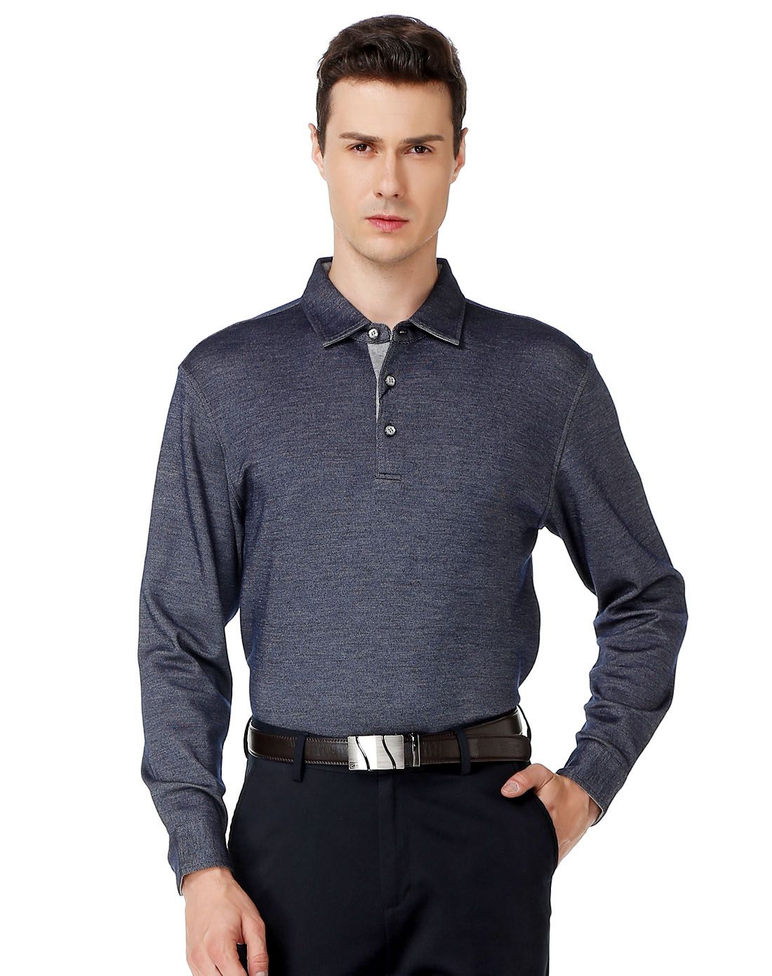 绛蓝色超质感丝毛混纺长袖t恤