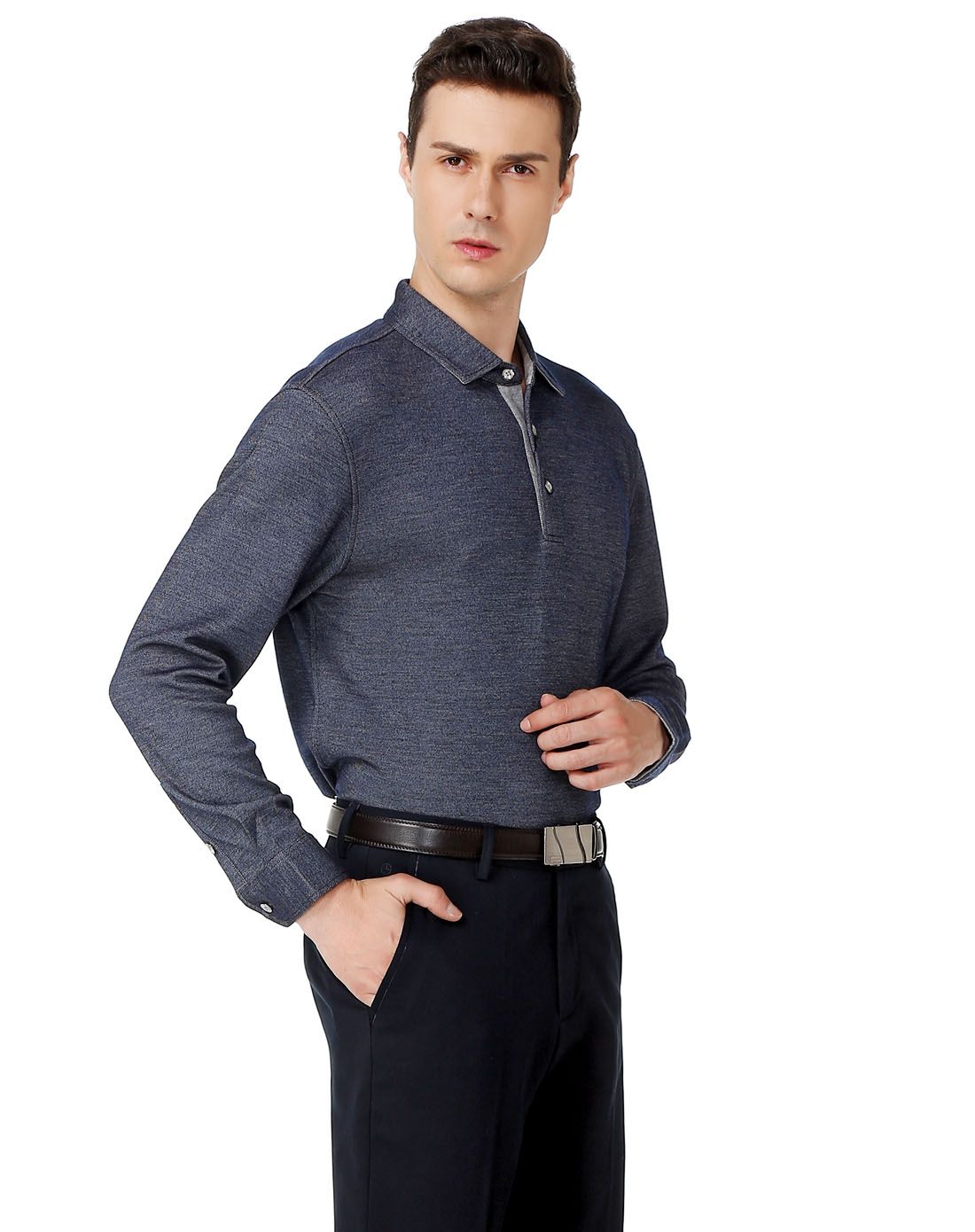 绛蓝色超质感丝毛混纺长袖t恤