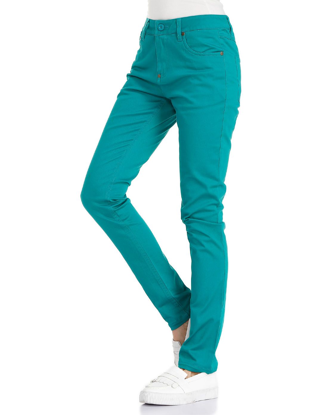 女款青绿色简约修身休闲长裤