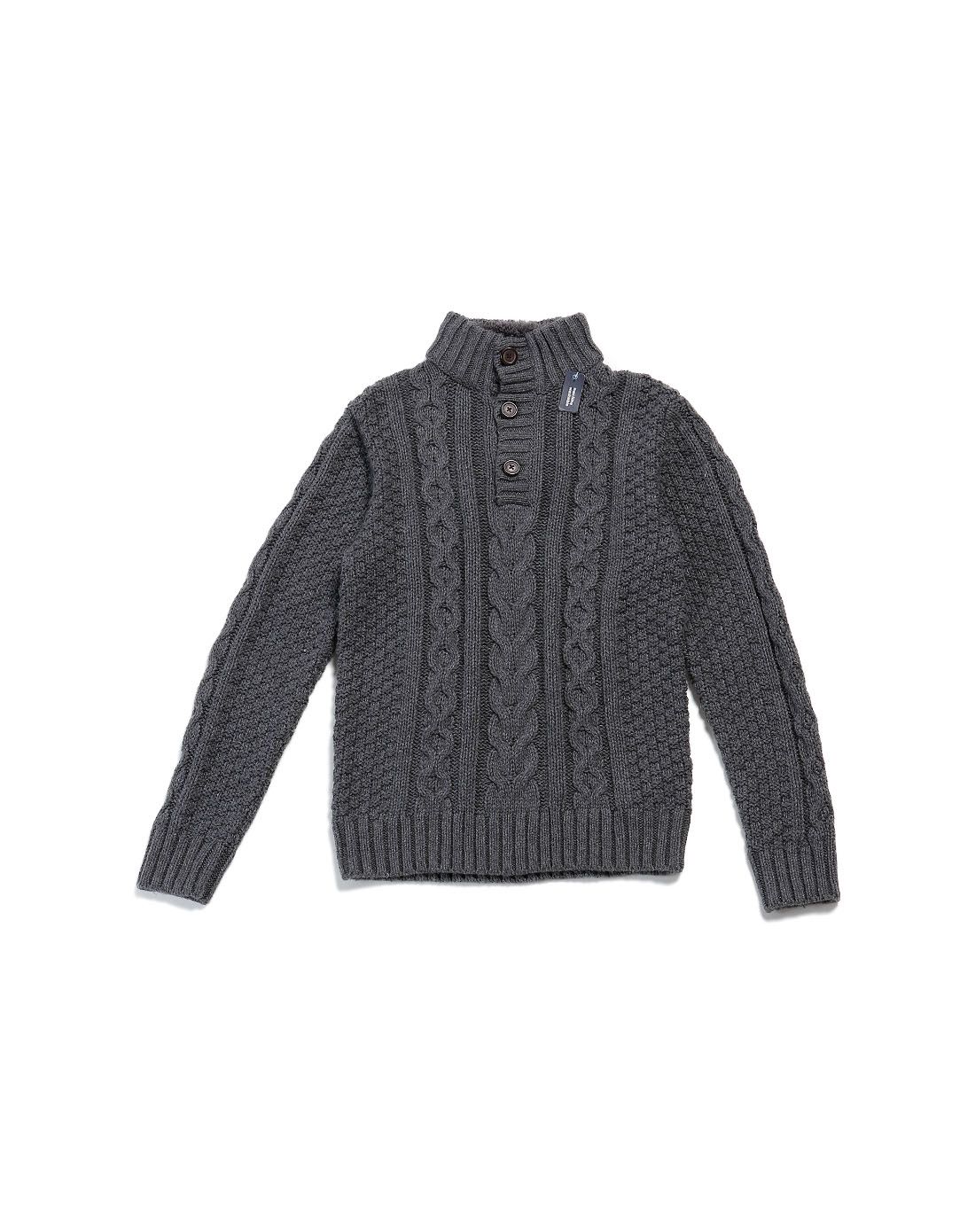 男童混炭灰色复古立体花纹粗棒针长袖毛衣