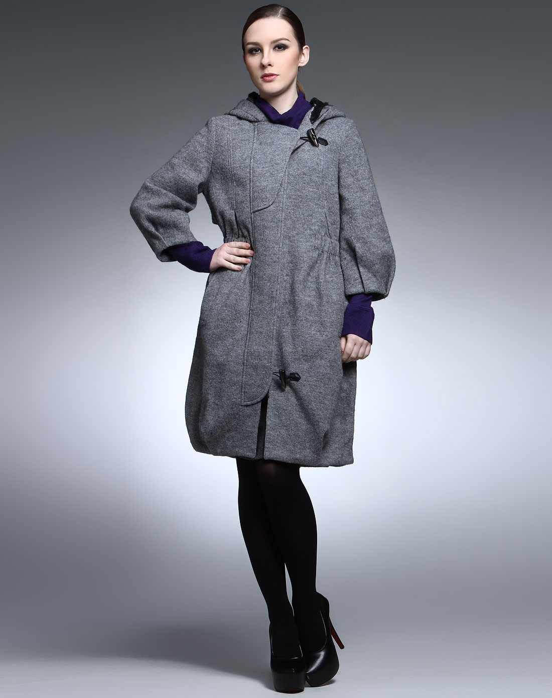 歌力思ellassay女装专场-灰色连帽休闲七分袖大衣