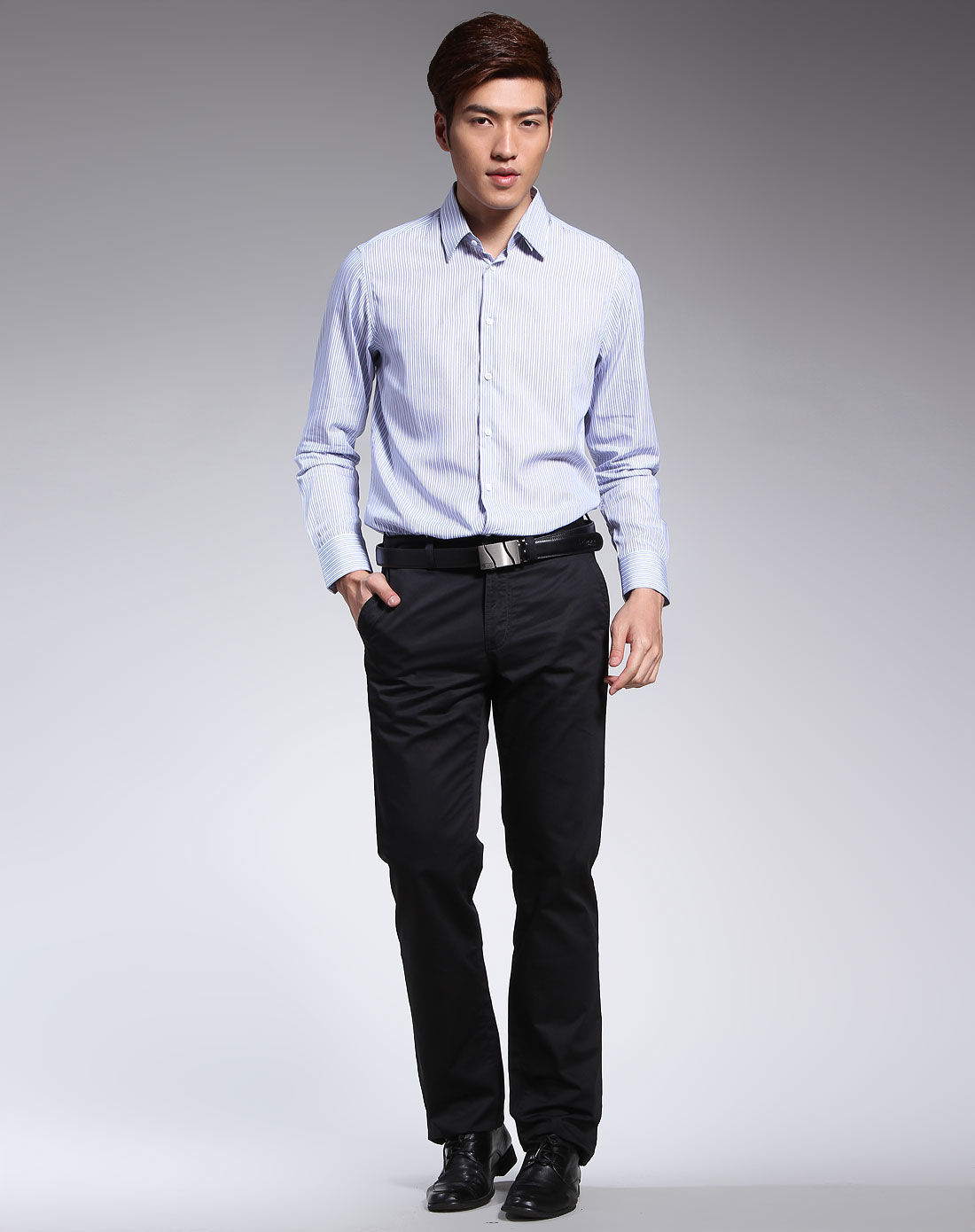 夏利豪charriol男装专场-天蓝色间纹长袖衬衫