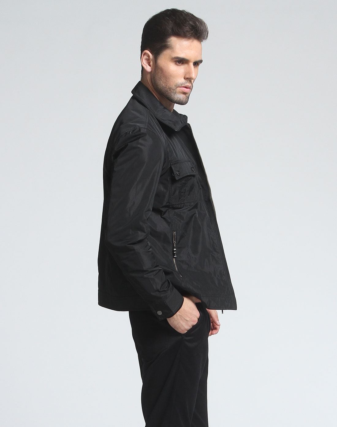 夏利豪charriol男装专场-黑色翻领拉链休闲长袖夹克