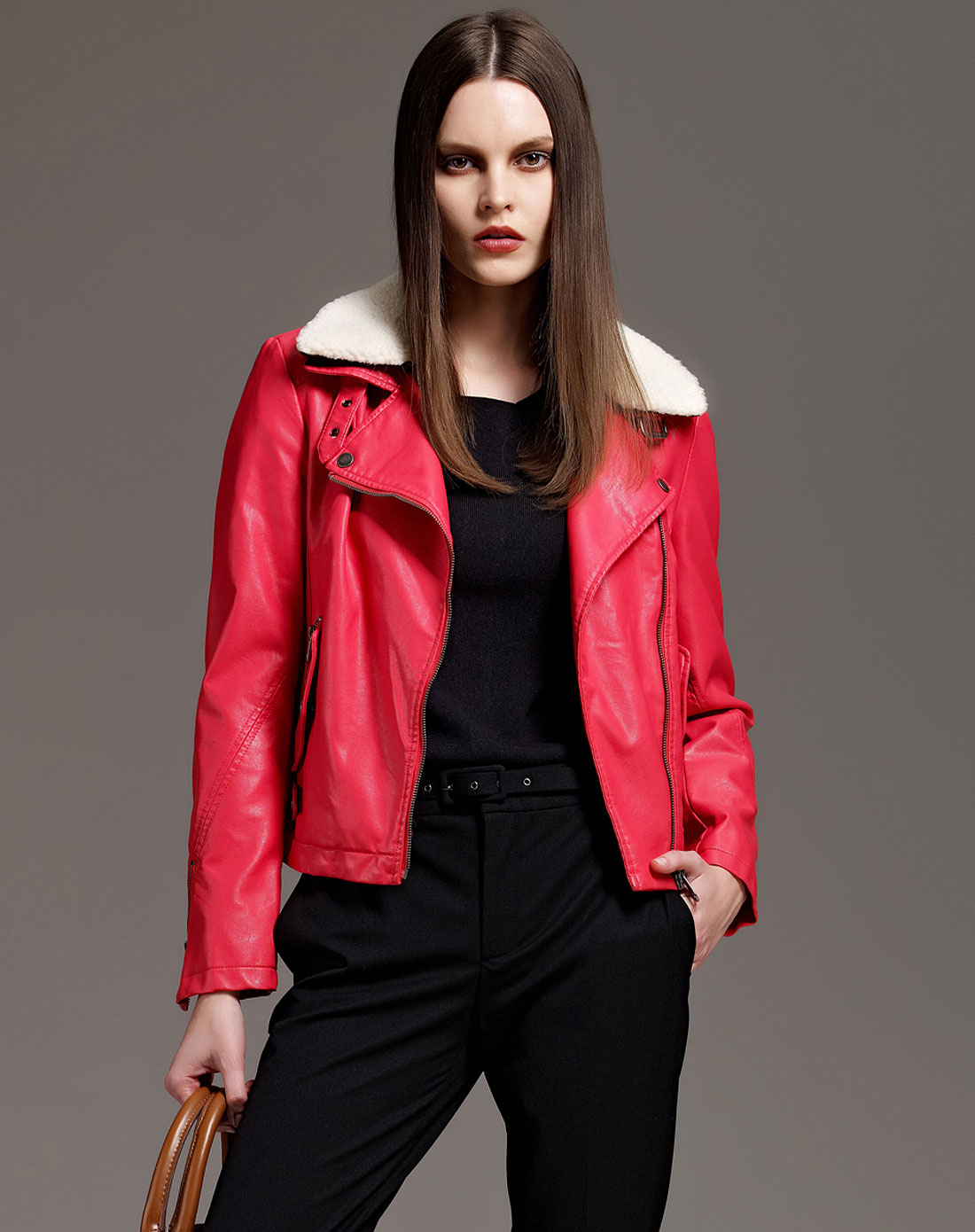 other mix 女款红色pu皮修身皮衣