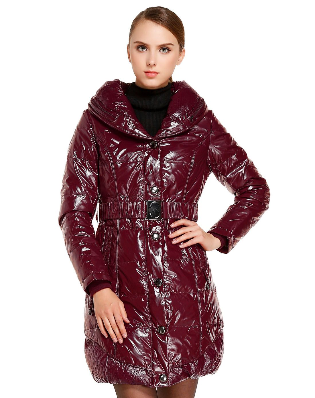 女款枣红色典雅双袋长袖中长款羽绒服