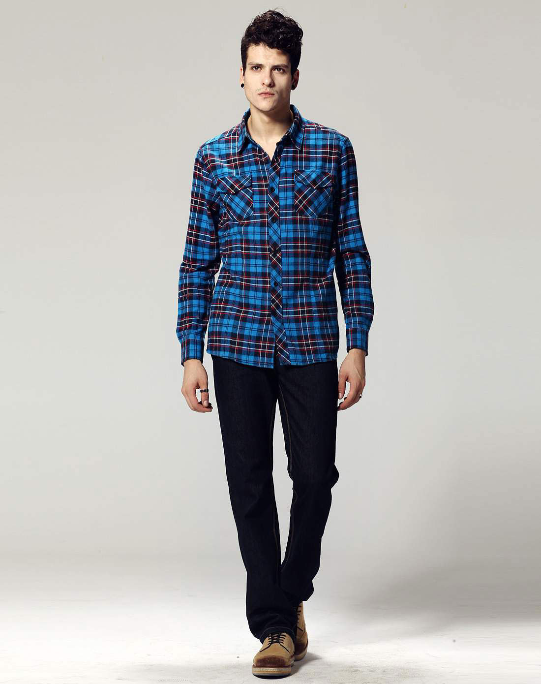 艾夫斯itisf4男女装混合专场-男款醇蓝色时尚格子长袖衬衫