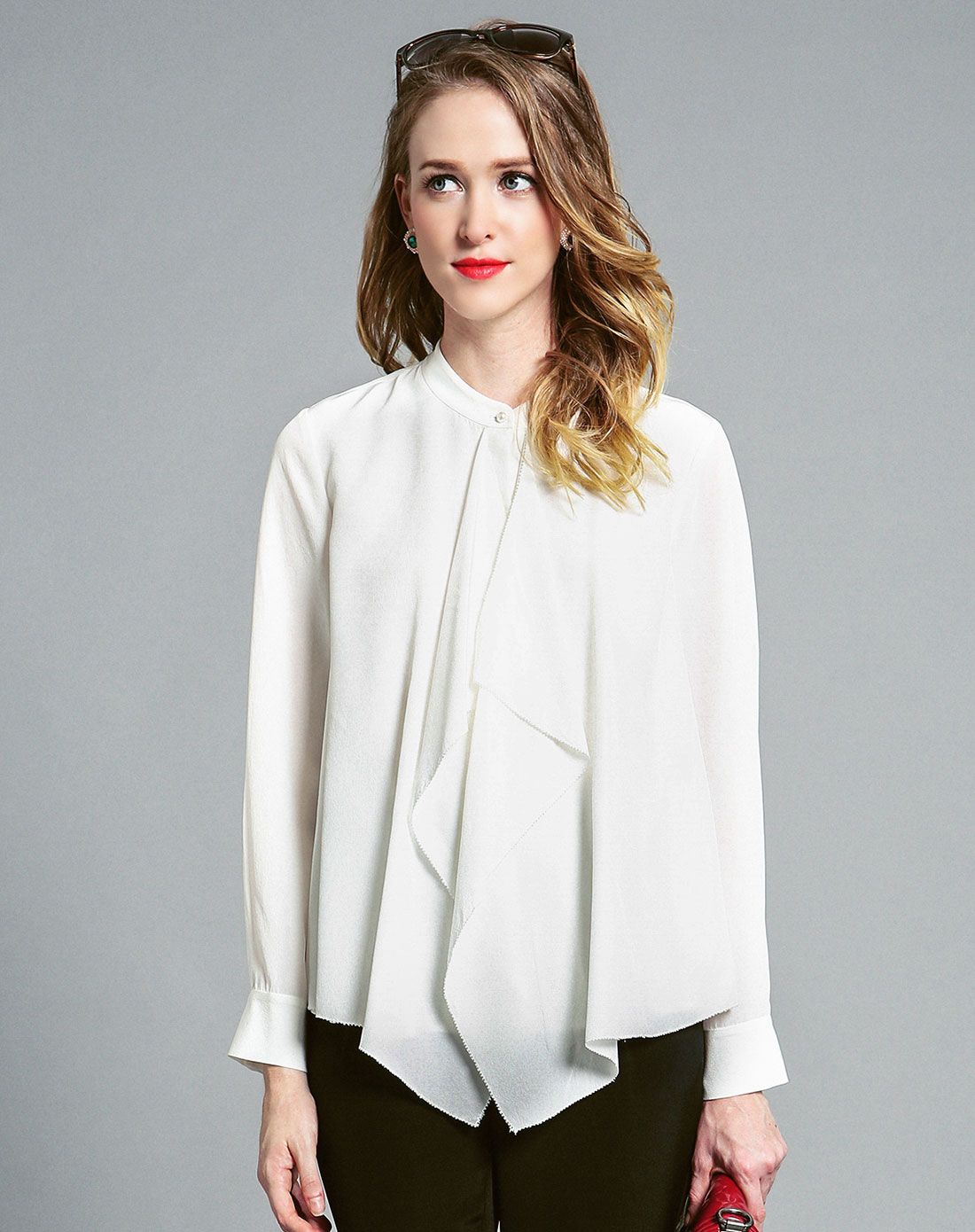 白色长袖立领宽松时尚ol真丝衬衫