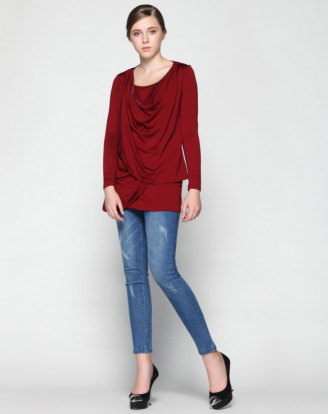 枣红色百搭假两件中长款长袖针织上衣