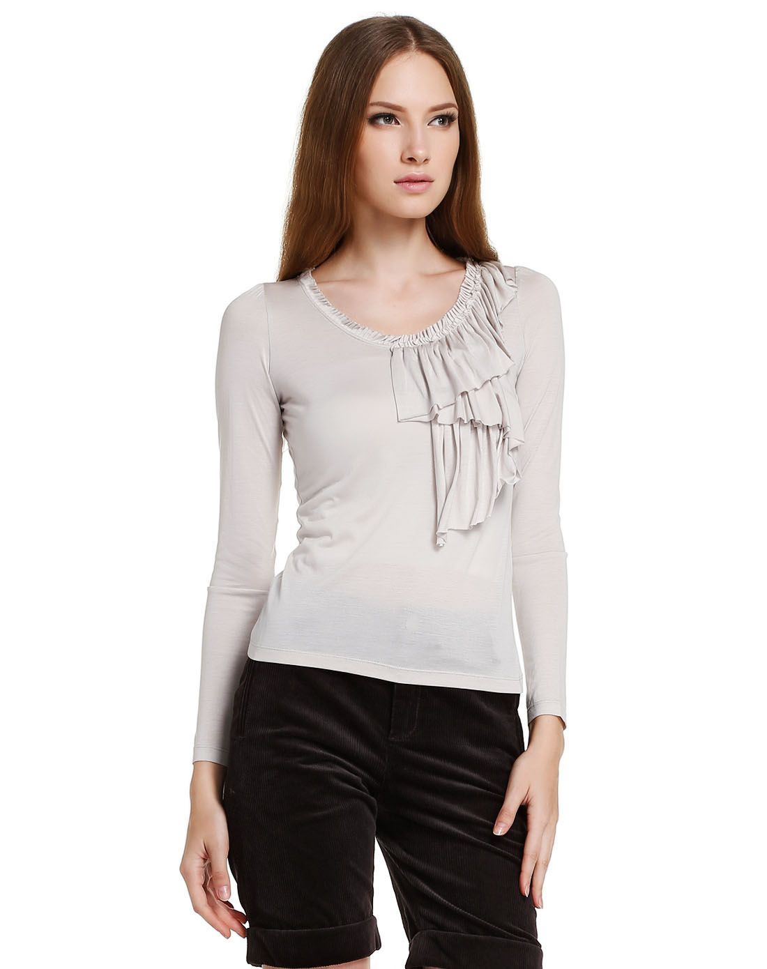 女性铅白色不对称褶领针织上衣