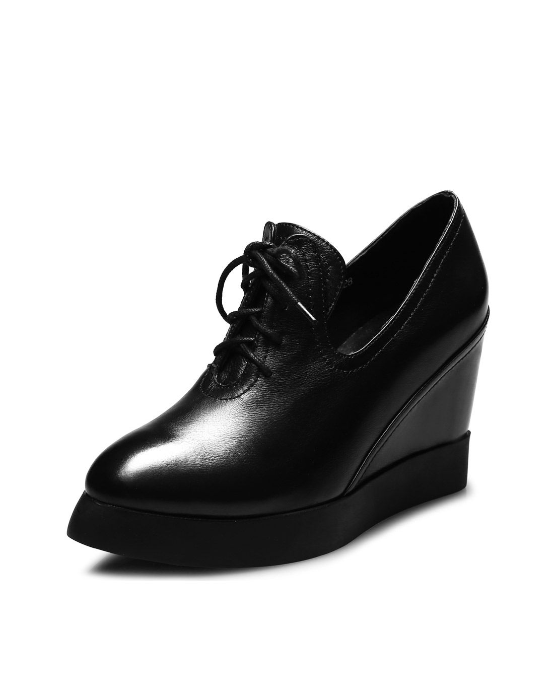 女款黑色头层牛皮防水台系带内增高坡跟单鞋