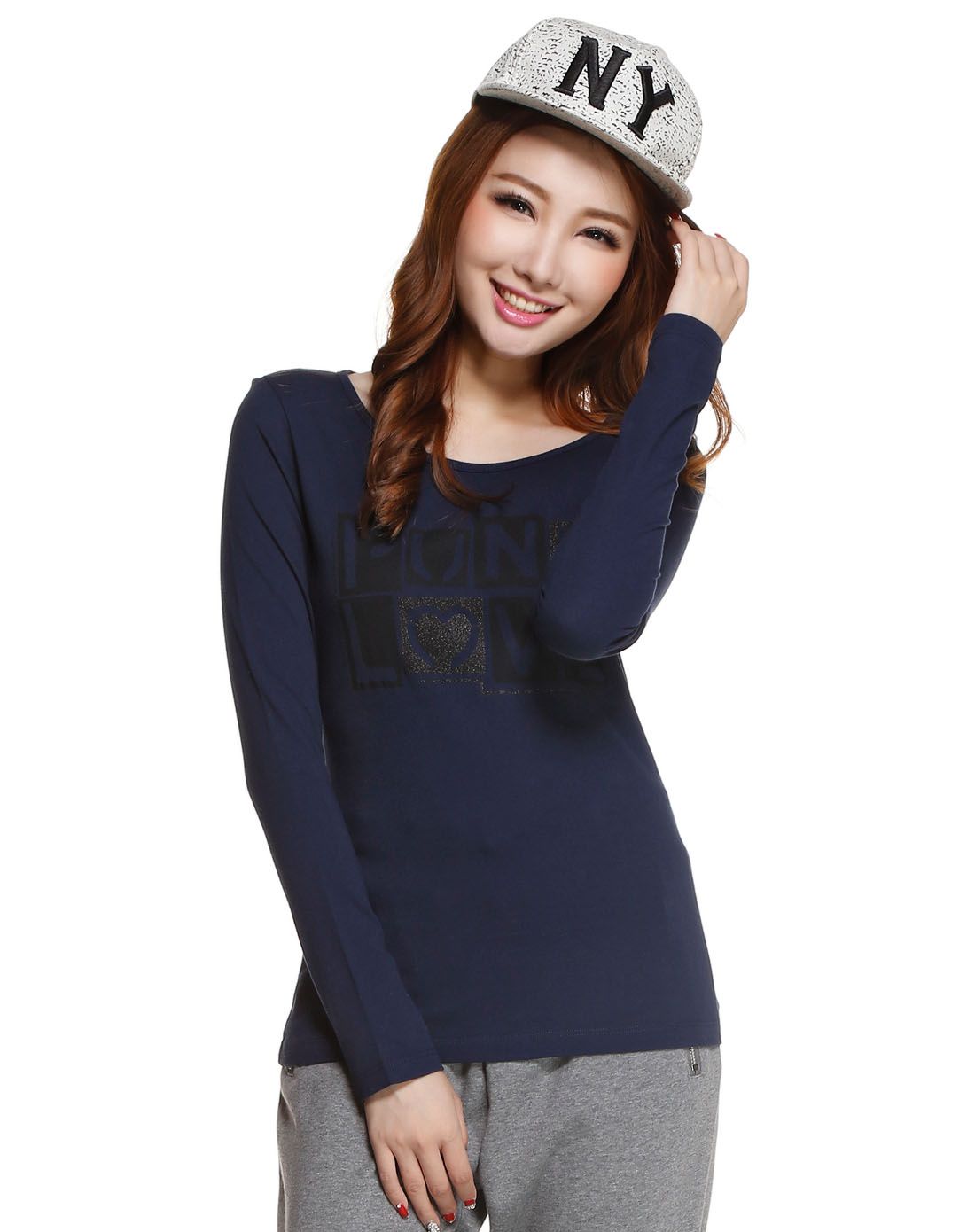 女款深蓝色时尚圆领长袖t恤