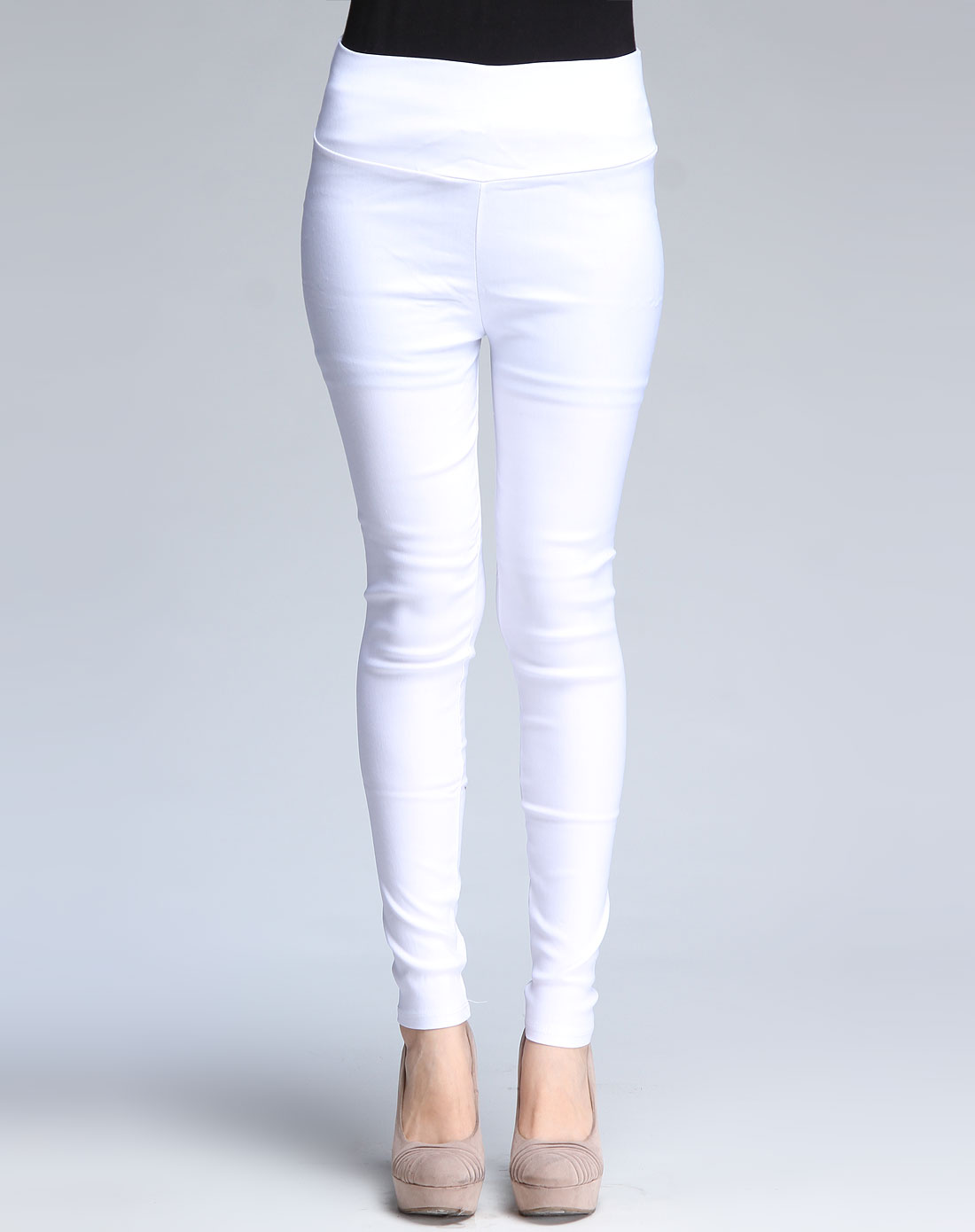 女士白色高腰弹力美腿时装长裤