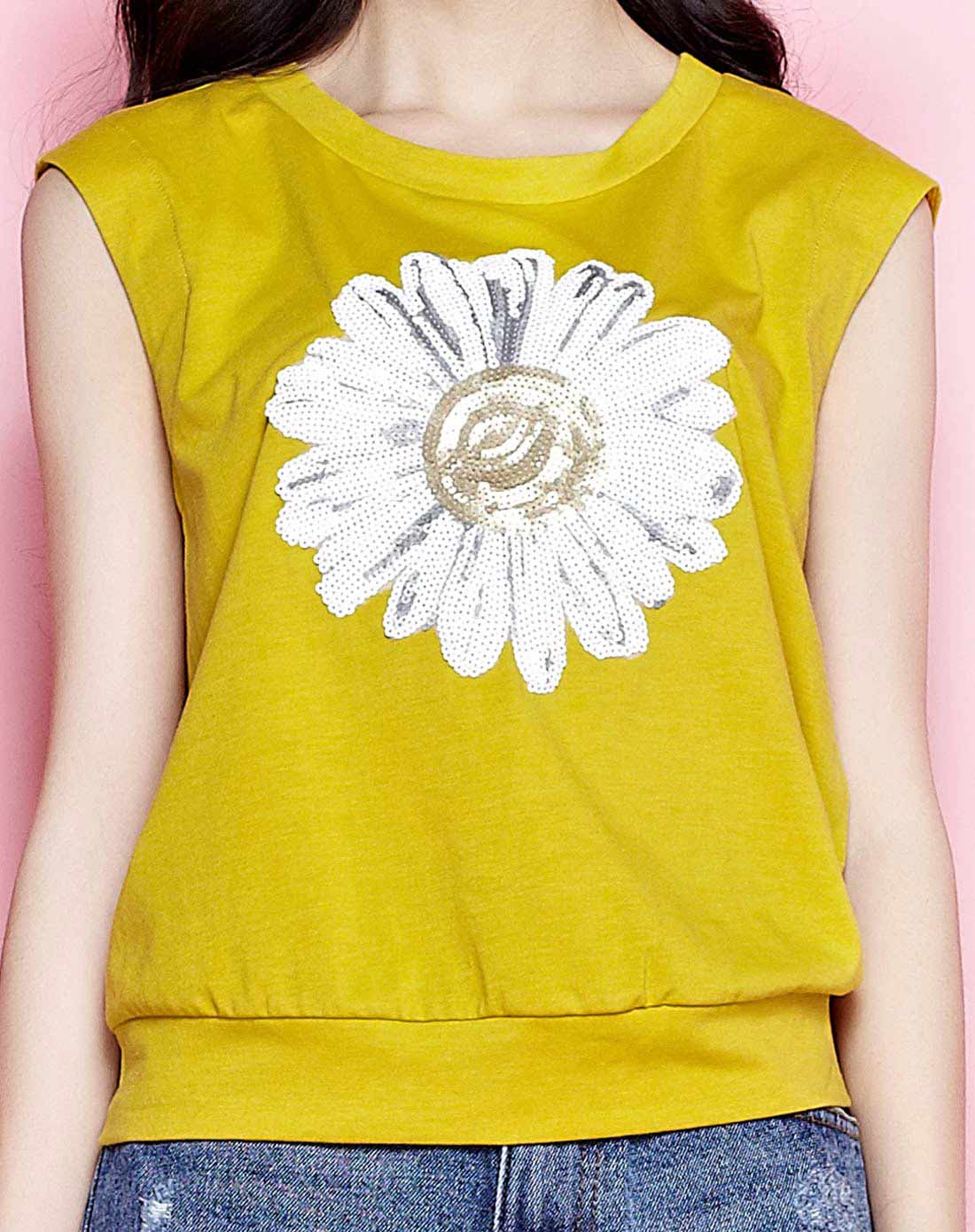 黄色珠片太阳花背心