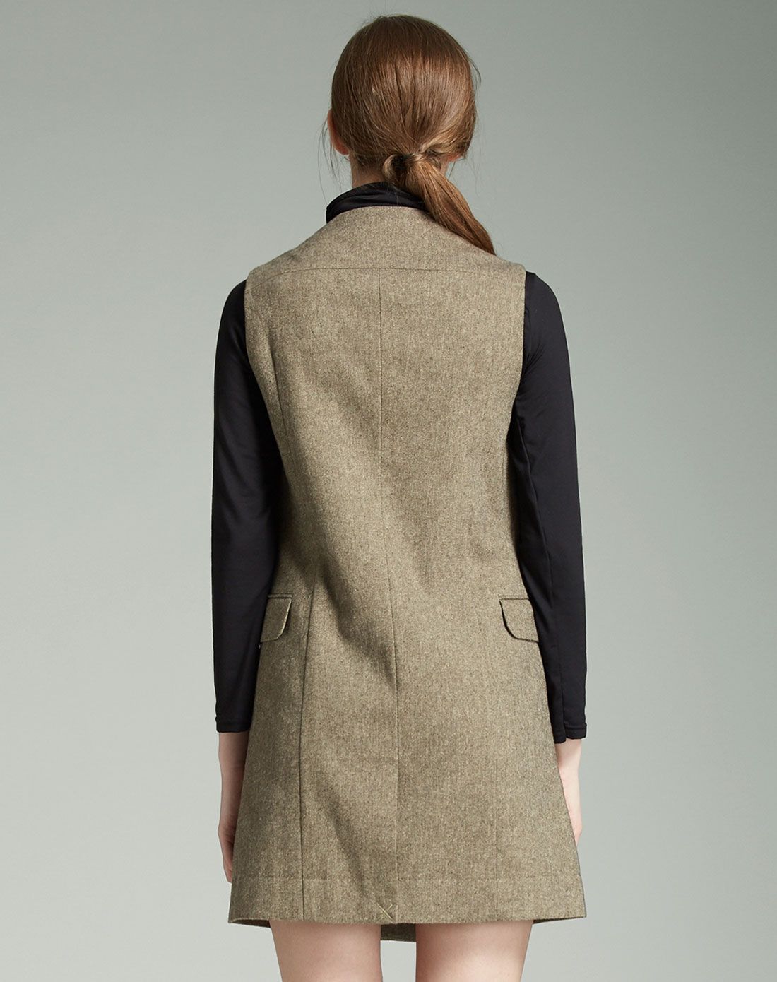 绿咖色斜纹粗纺毛呢帅气风衣