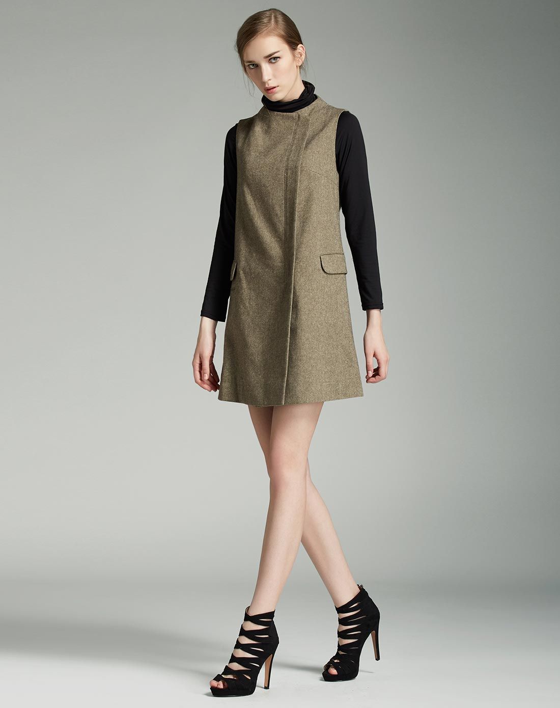 绿咖色斜纹粗纺毛呢帅气风衣