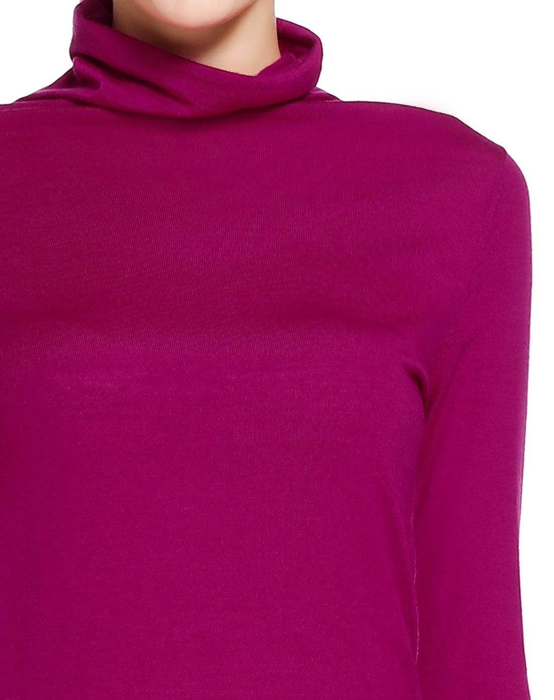 深玫红色简约高领羊毛长袖针织衫