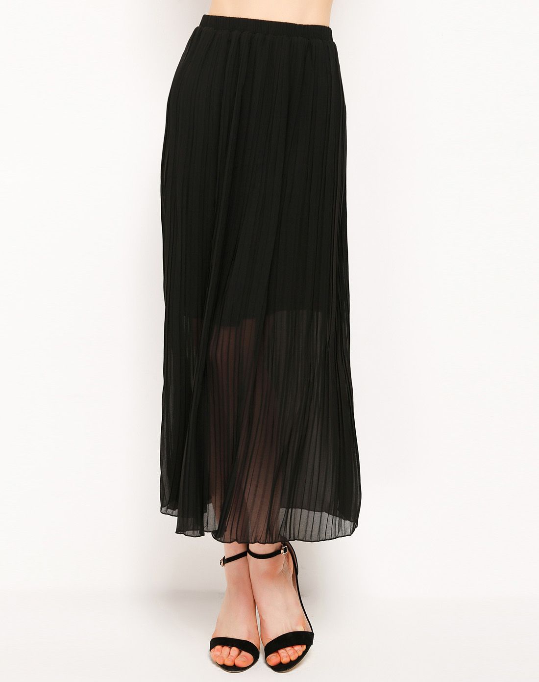 优雅黑色雪纺长半裙