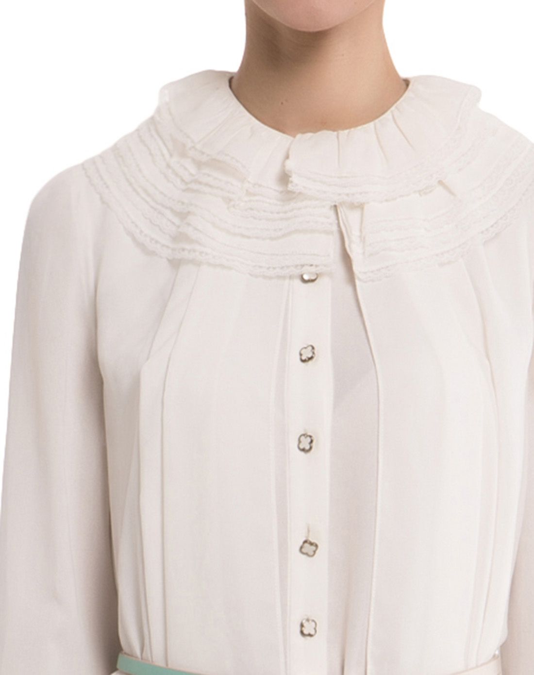 象牙白收腰荷叶边领长袖衬衫