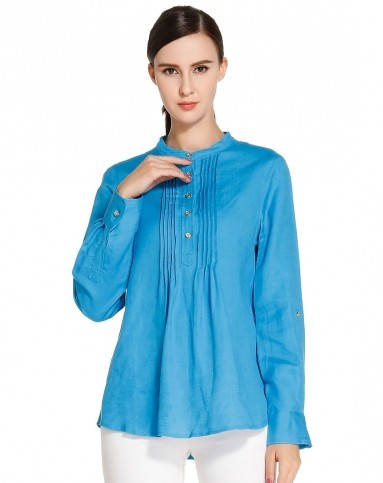 > 彩蓝色百褶拼接半开襟上衣