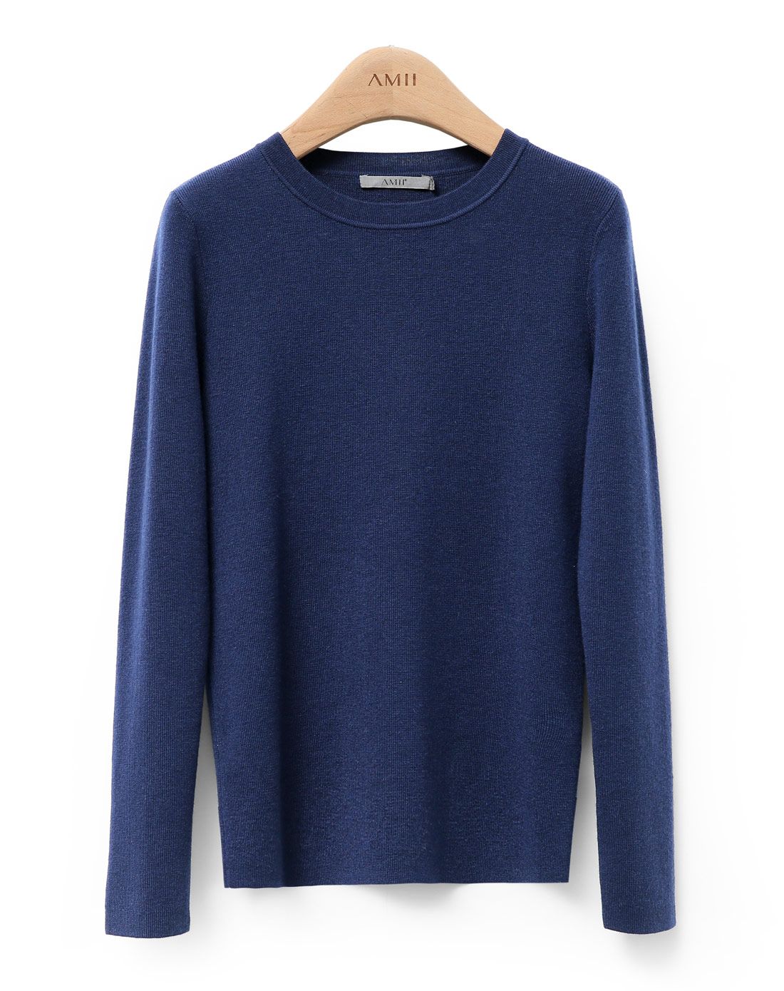 墨蓝修身圆领罗纹毛衣