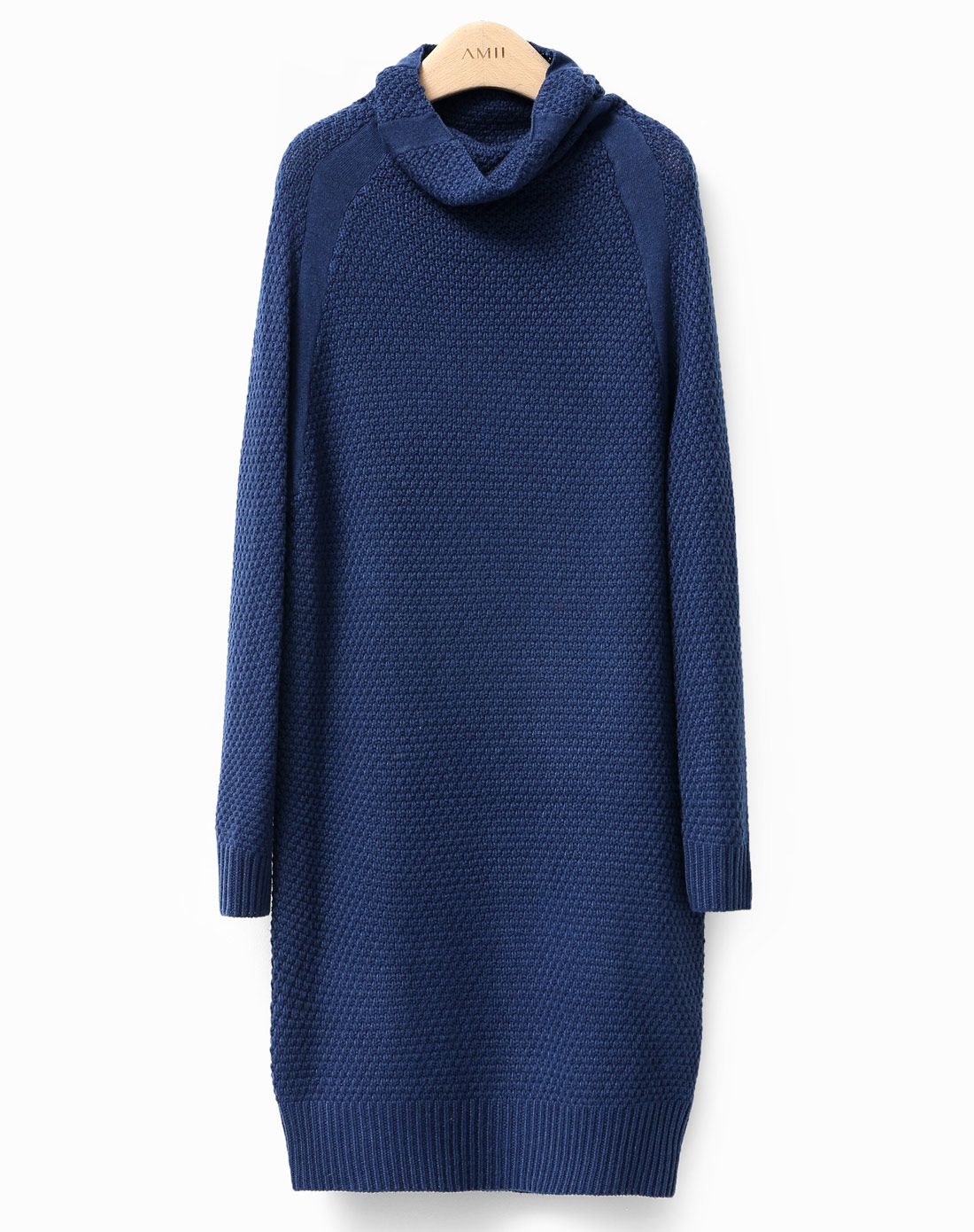 amii藏蓝高领插肩袖中长款毛衣11570901344_唯品会