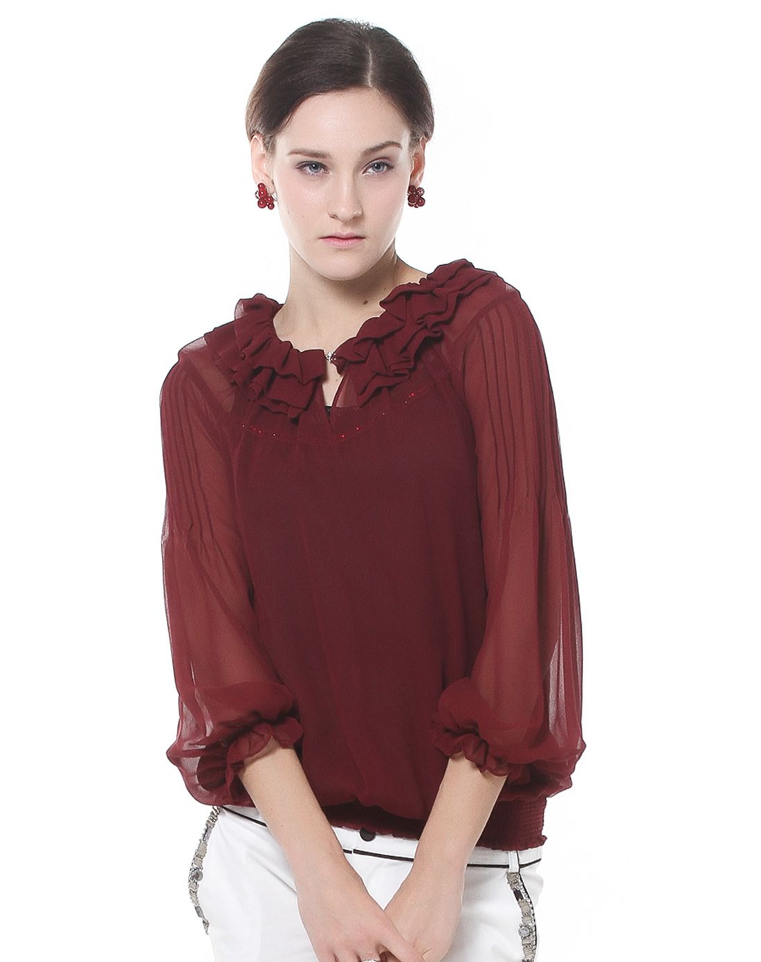 酒红/玫瑰红花边领七分袖衬衫