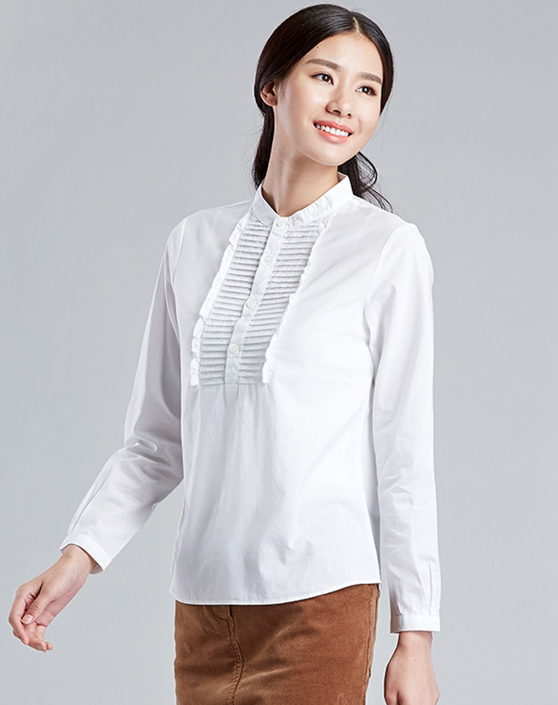 风琴抽褶小立领套头衬衫