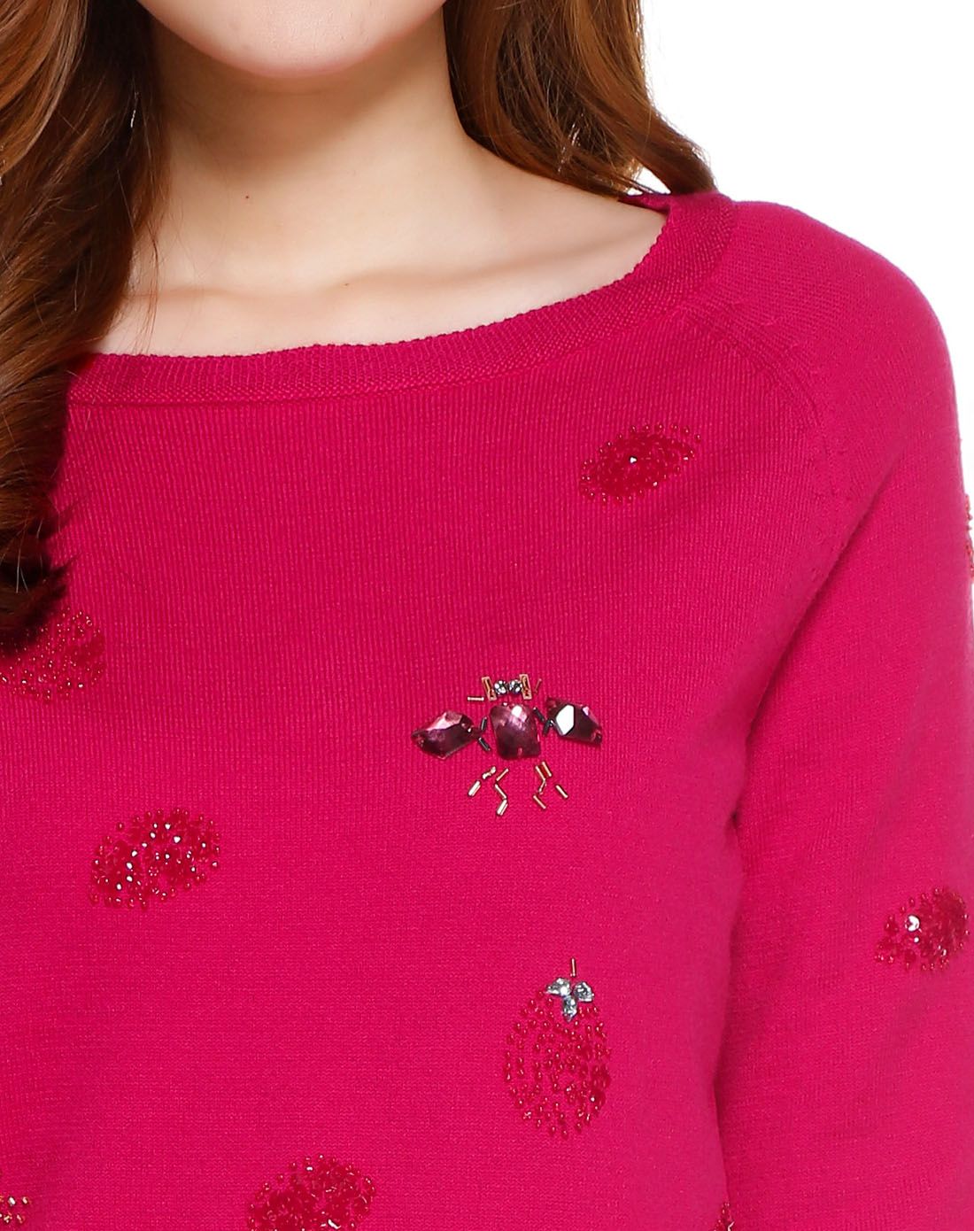 深桃红色甜美淑女长袖针织衫