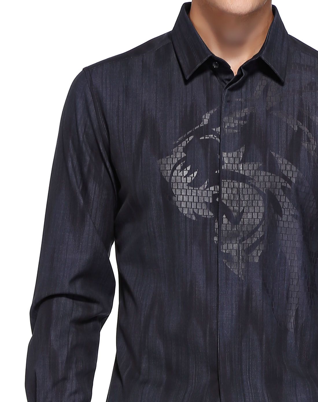 藏蓝色暗纹印花个性长袖针织衬衫