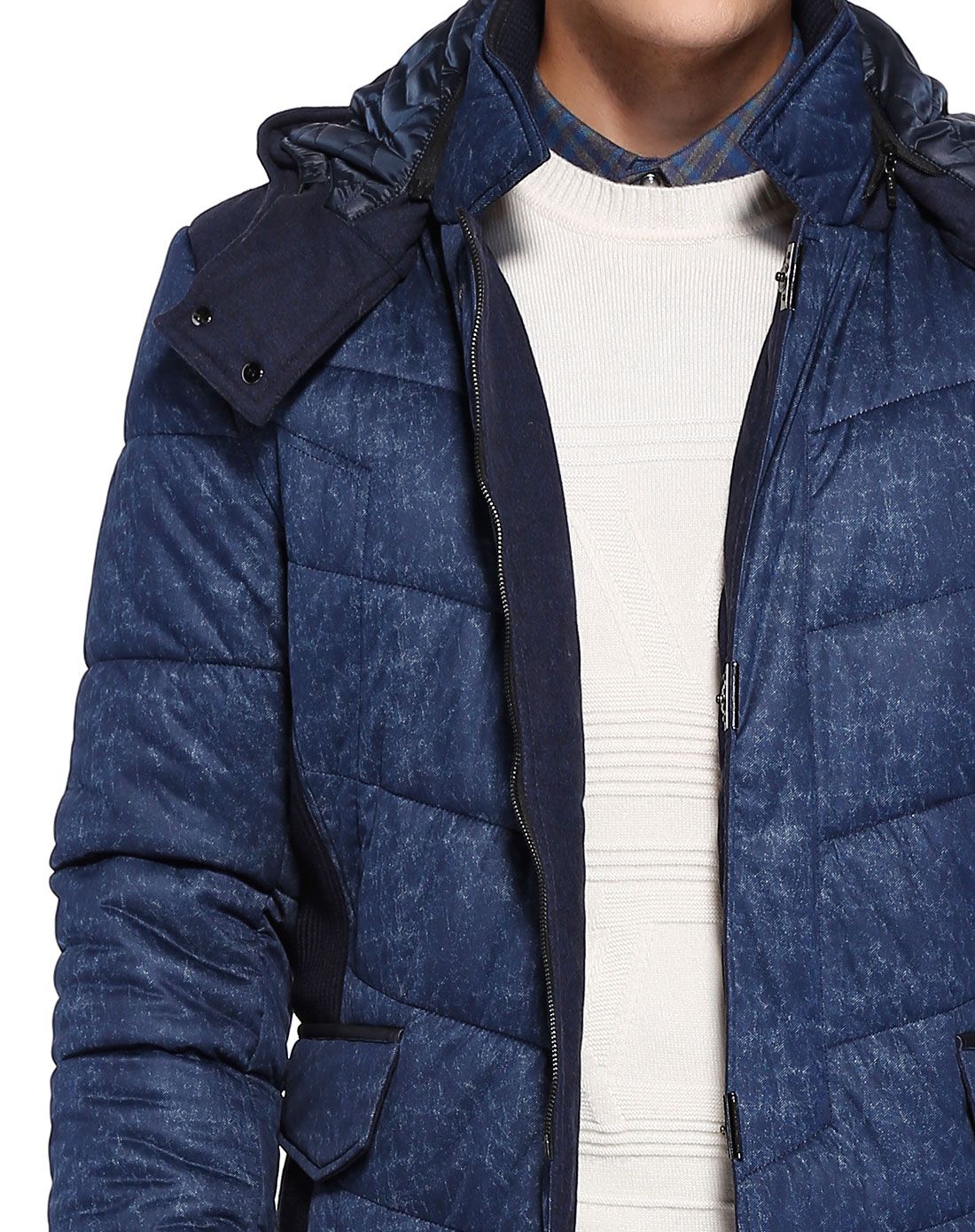 深蓝色针织拼接连帽长袖棉服