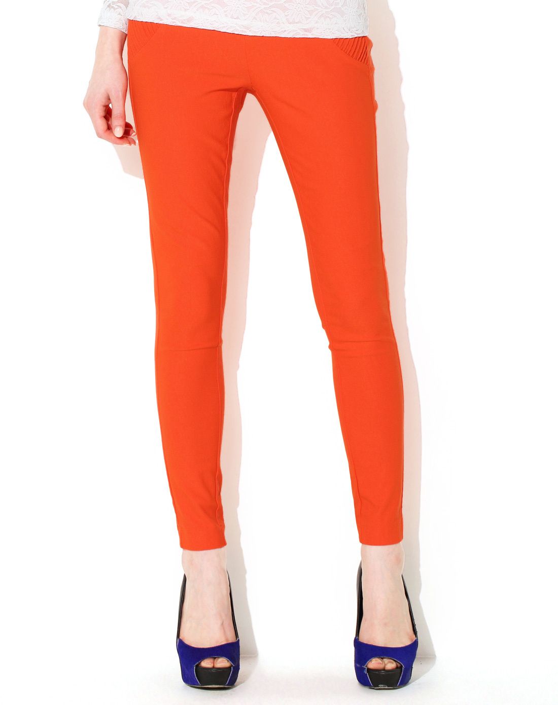 桔红色糖果色修身小脚休闲裤