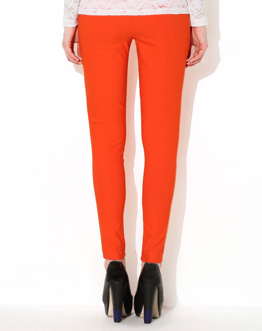 桔红色糖果色修身小脚休闲裤