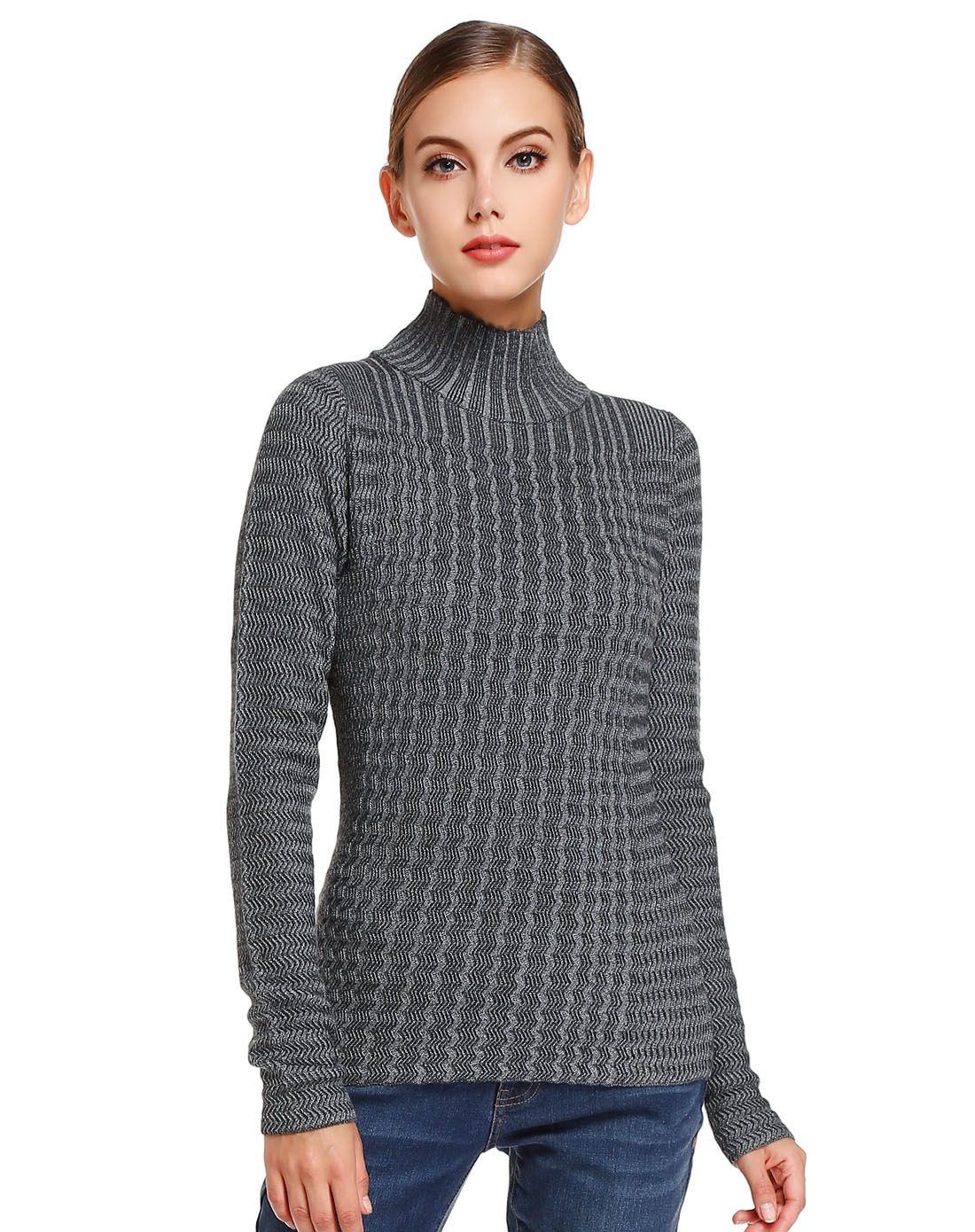 女款深灰色高领素雅织纹长袖针织衫