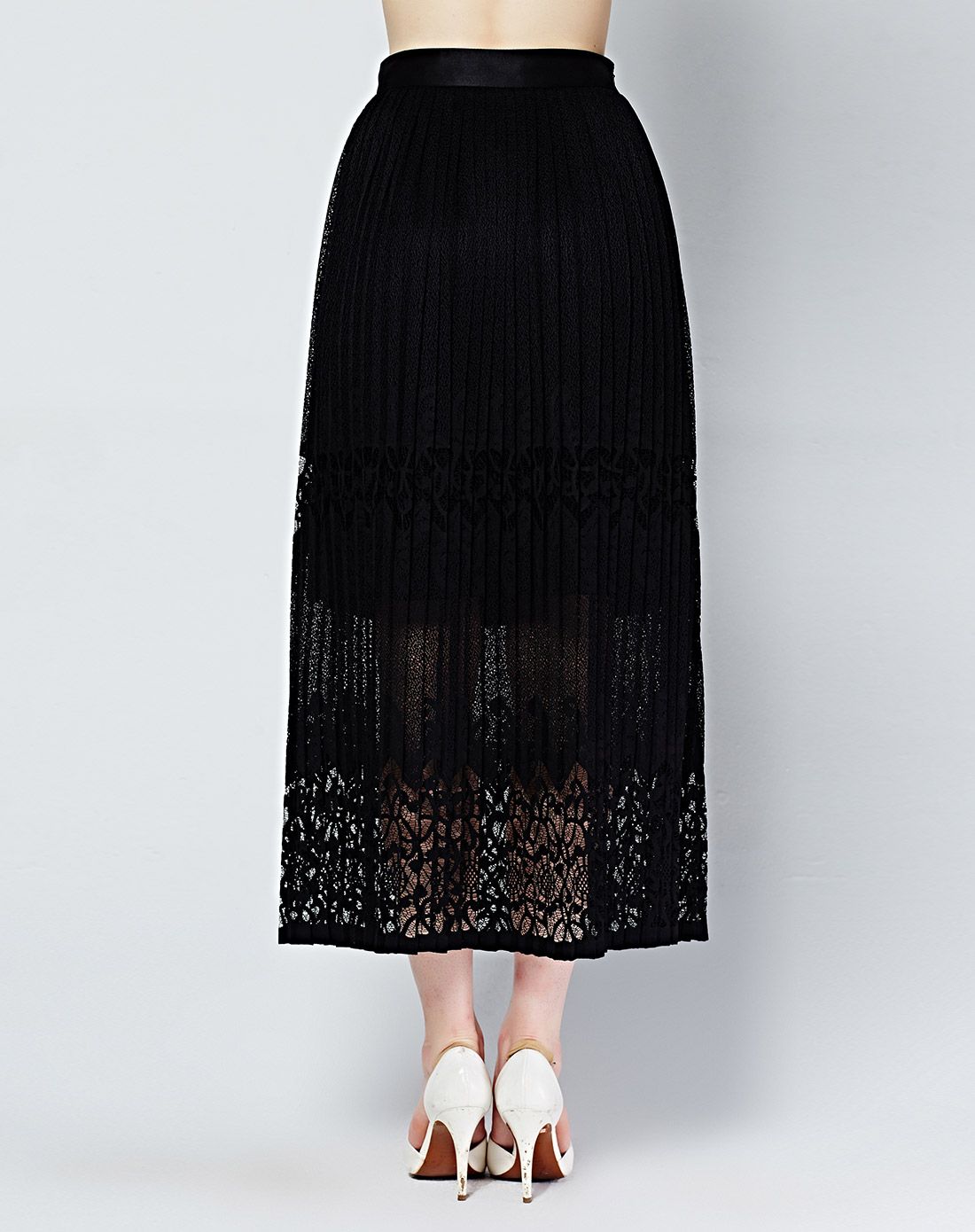 黑色复古水溶蕾丝高腰修身风琴褶半身裙