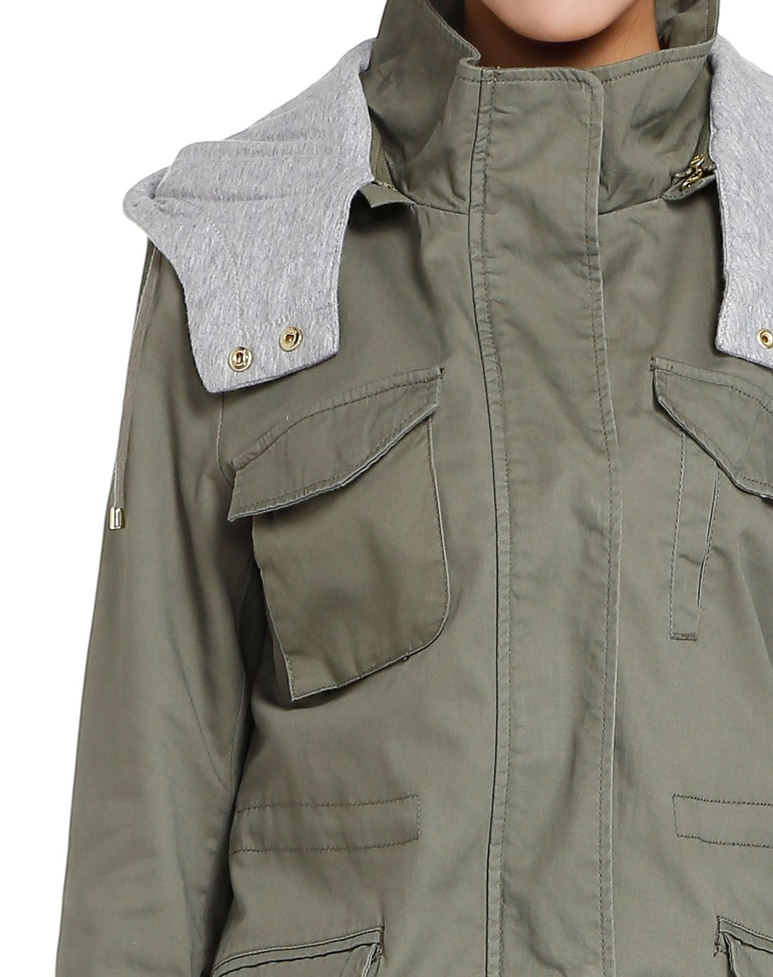 卡其绿色休闲时尚连帽长袖外套