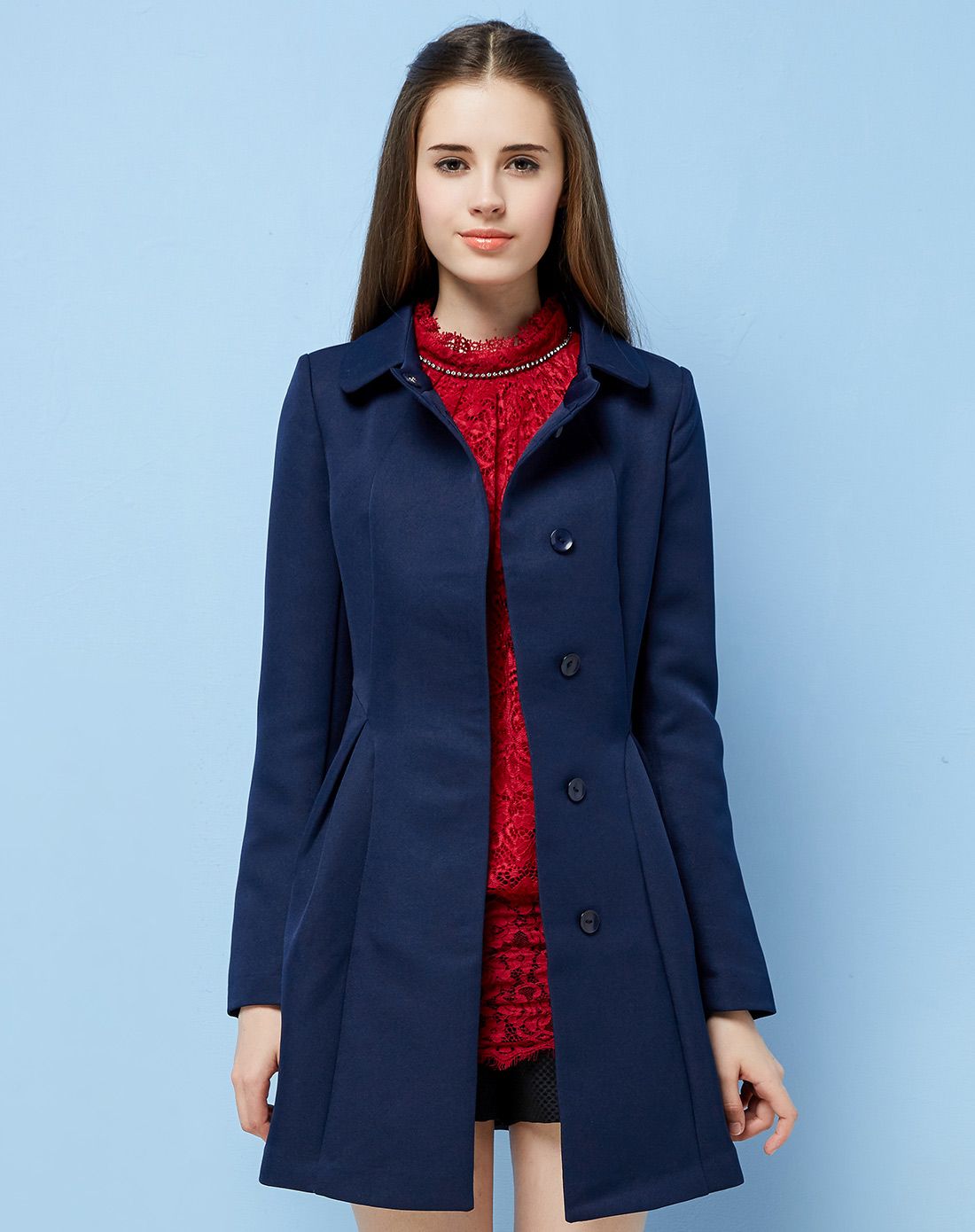 皇家蓝纯色修身淑女风衣
