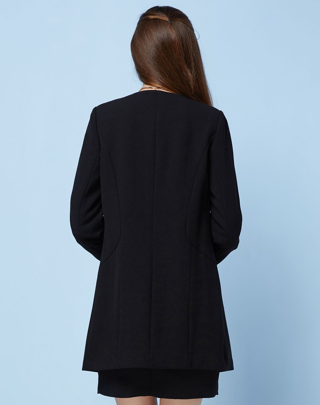 黑色撞色休闲圆领风衣