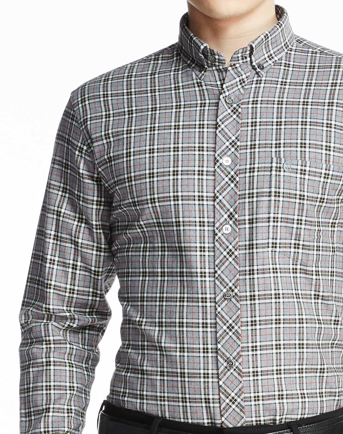 男士灰色时尚经典格长袖衬衫