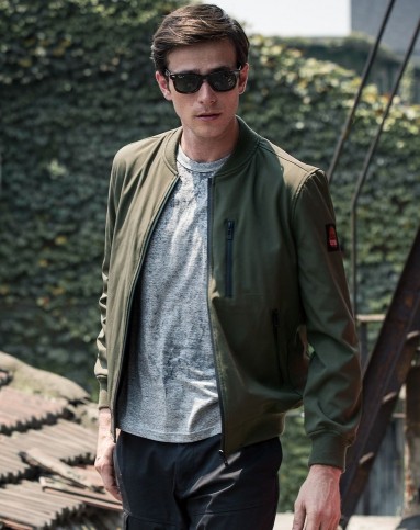 男深军绿都市特工罗纹领夹克