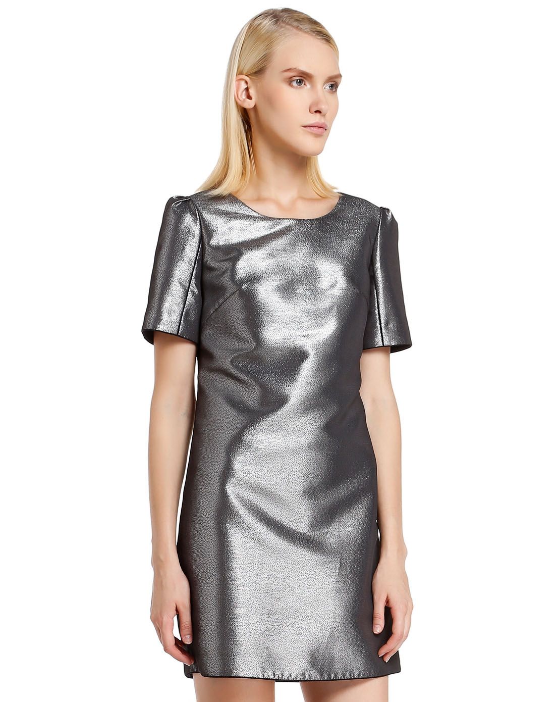 银灰色简约气质短袖连衣裙